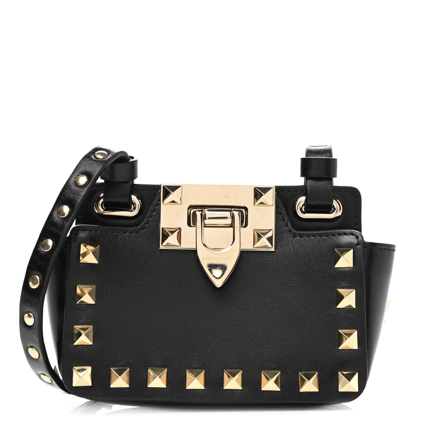 Calfskin Rockstud Card Case On Strap Black
