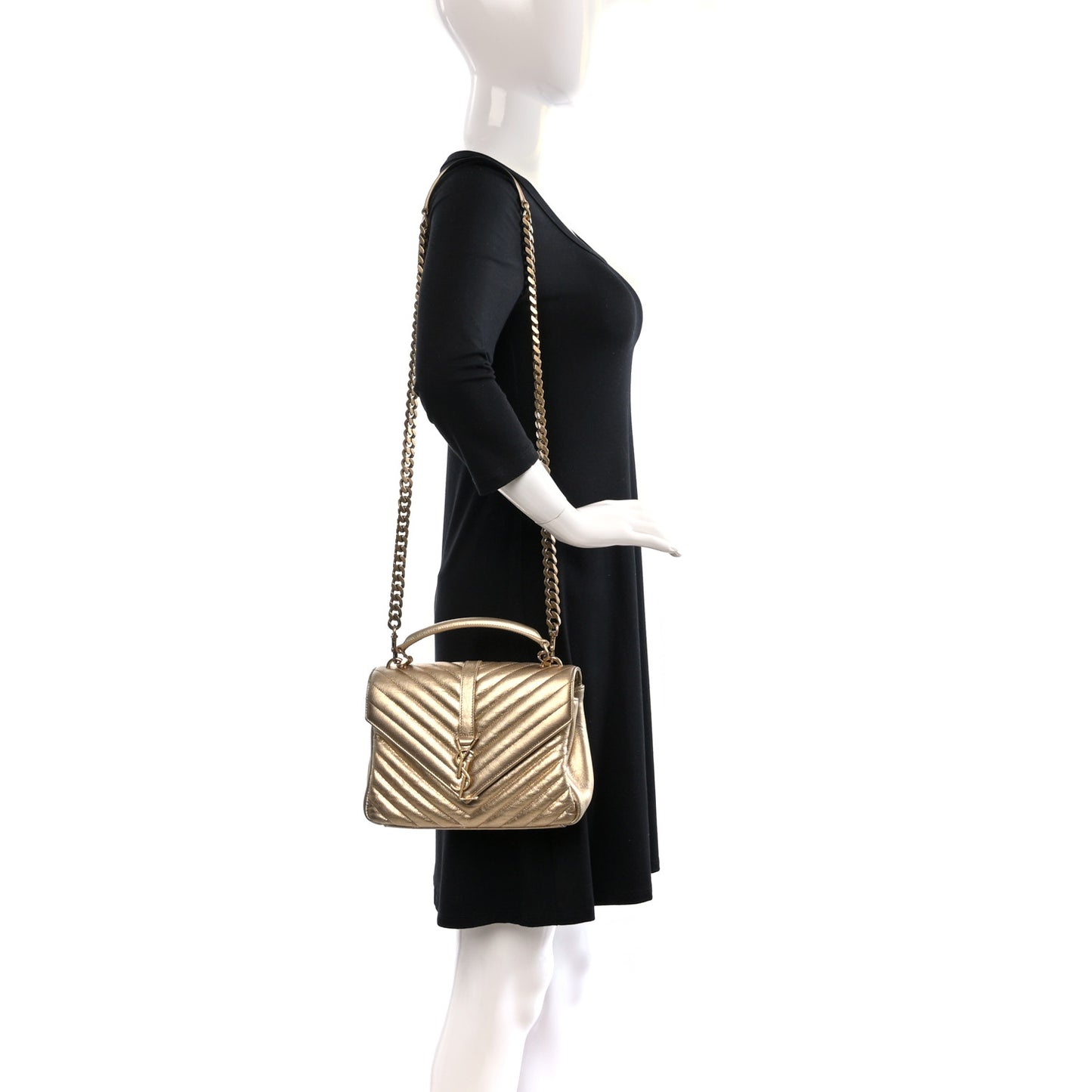 Metallic Calfskin Matelasse Chevron Monogram Medium College Bag Gold