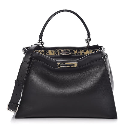Fendi Vitello Dolce Shiny Nappa Plexglass Granite Medium Peekaboo Iconic Satchel Black 1 of 12