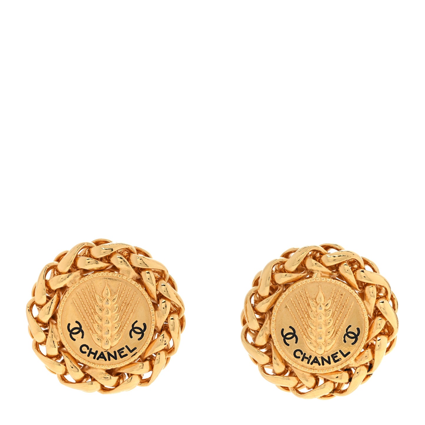 Metal Round CC Wheat Clip On Earrings Gold