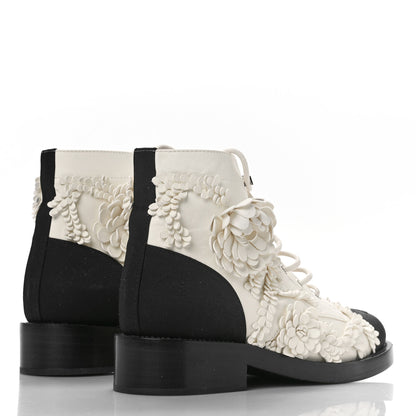 Chanel Embroidered Lambskin Grosgrain Lace Up Boots 37 White Black 3 of 8