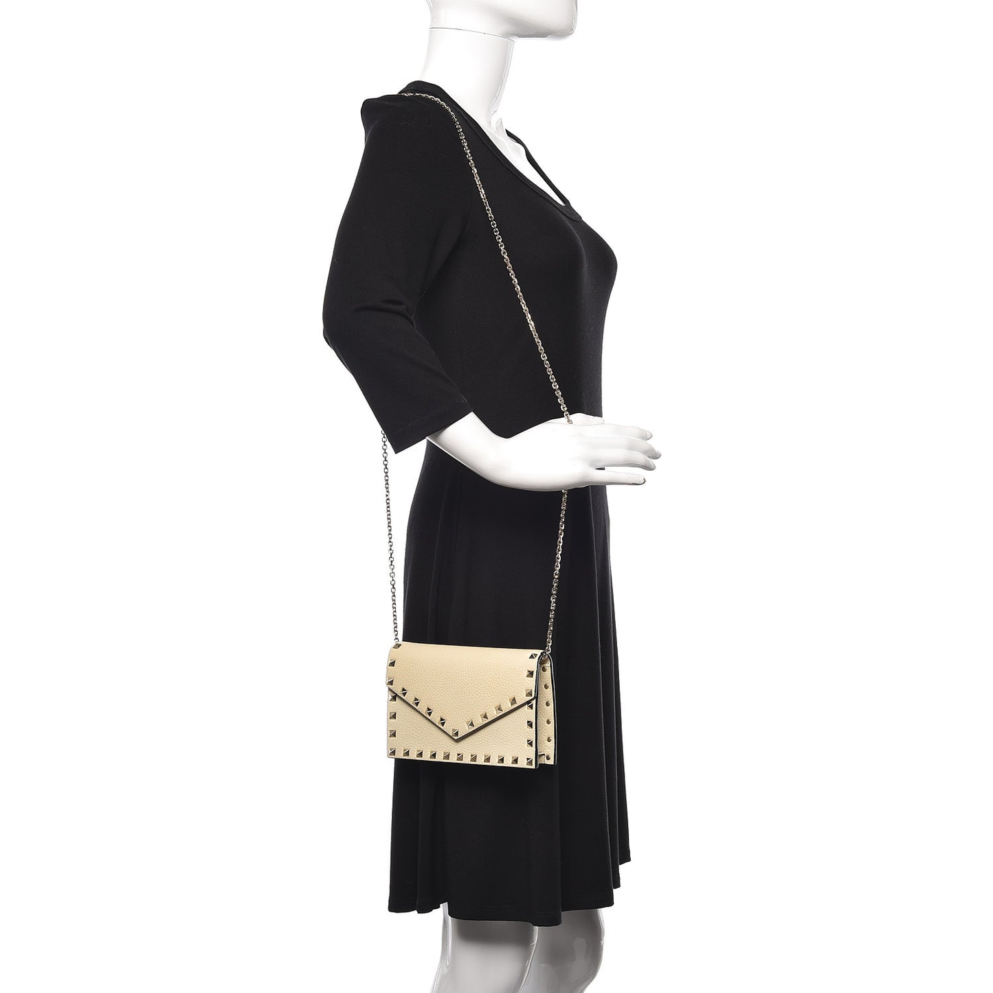 Pebbled Calfskin Rockstud Envelope Wallet on Chain Light Ivory