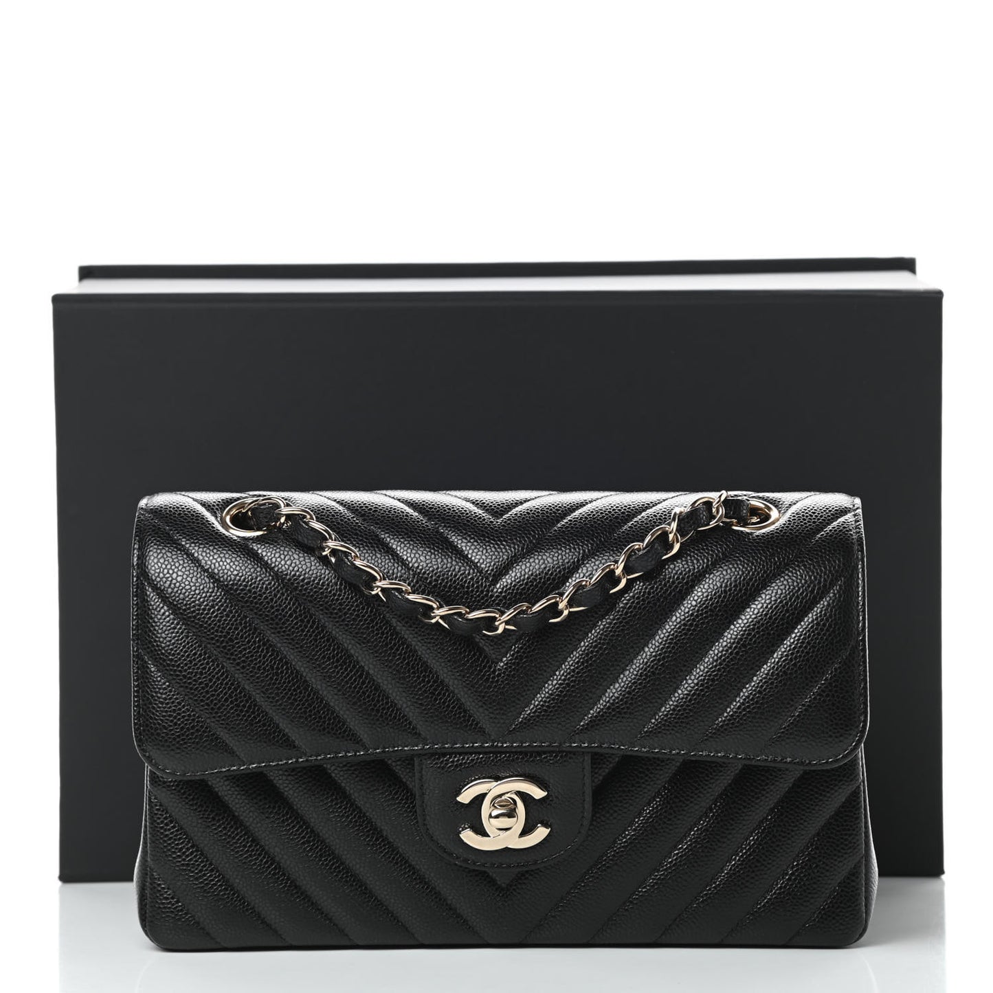 Caviar Chevron Quilted Small Double Flap Black