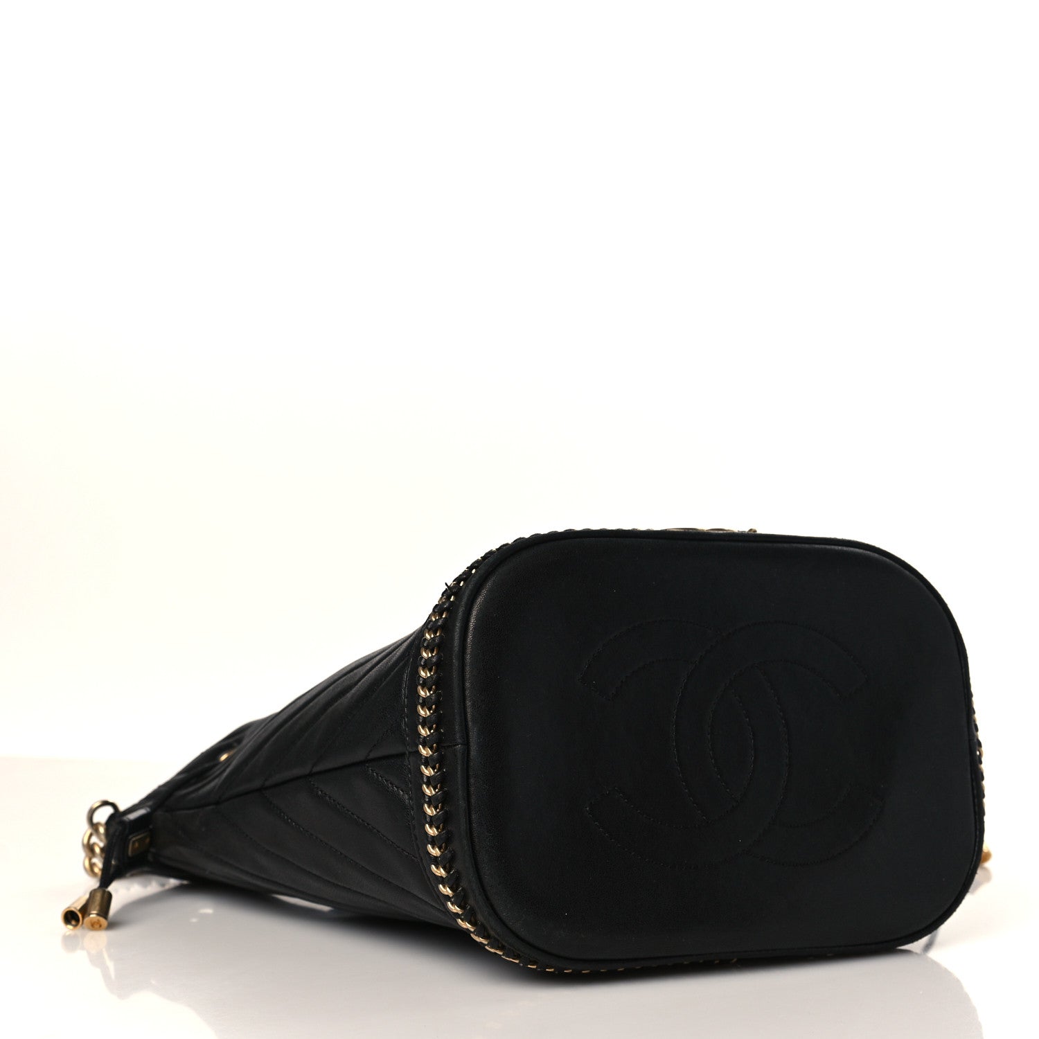 Chanel Sheepskin Chevron Quilted Drawstring Bag Black 4 of 9