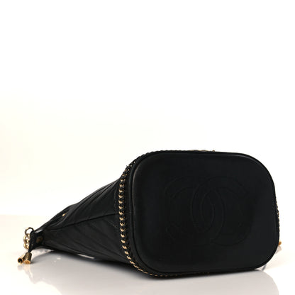 Chanel Sheepskin Chevron Quilted Drawstring Bag Black 4 of 9