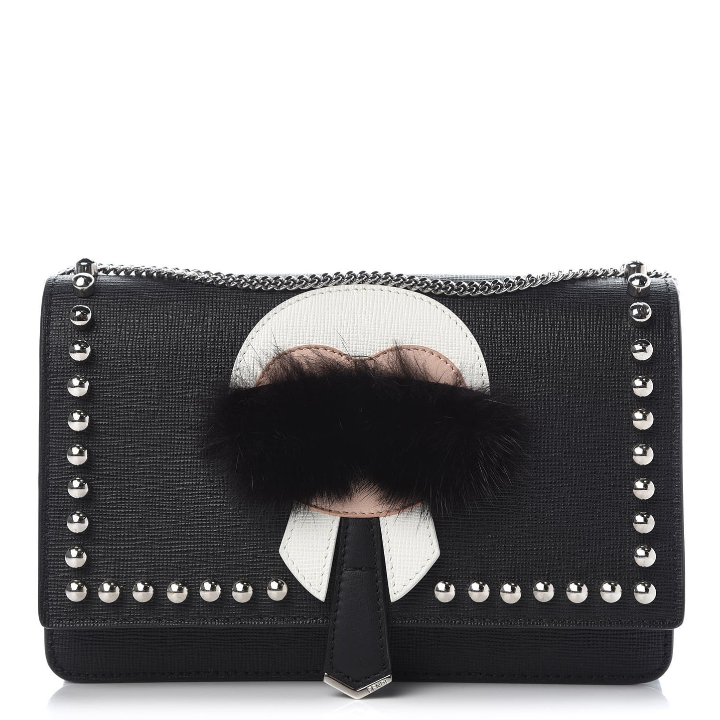 Vitello Elite Mink Fur Studded Karlito Tube Wallet on Chain Black