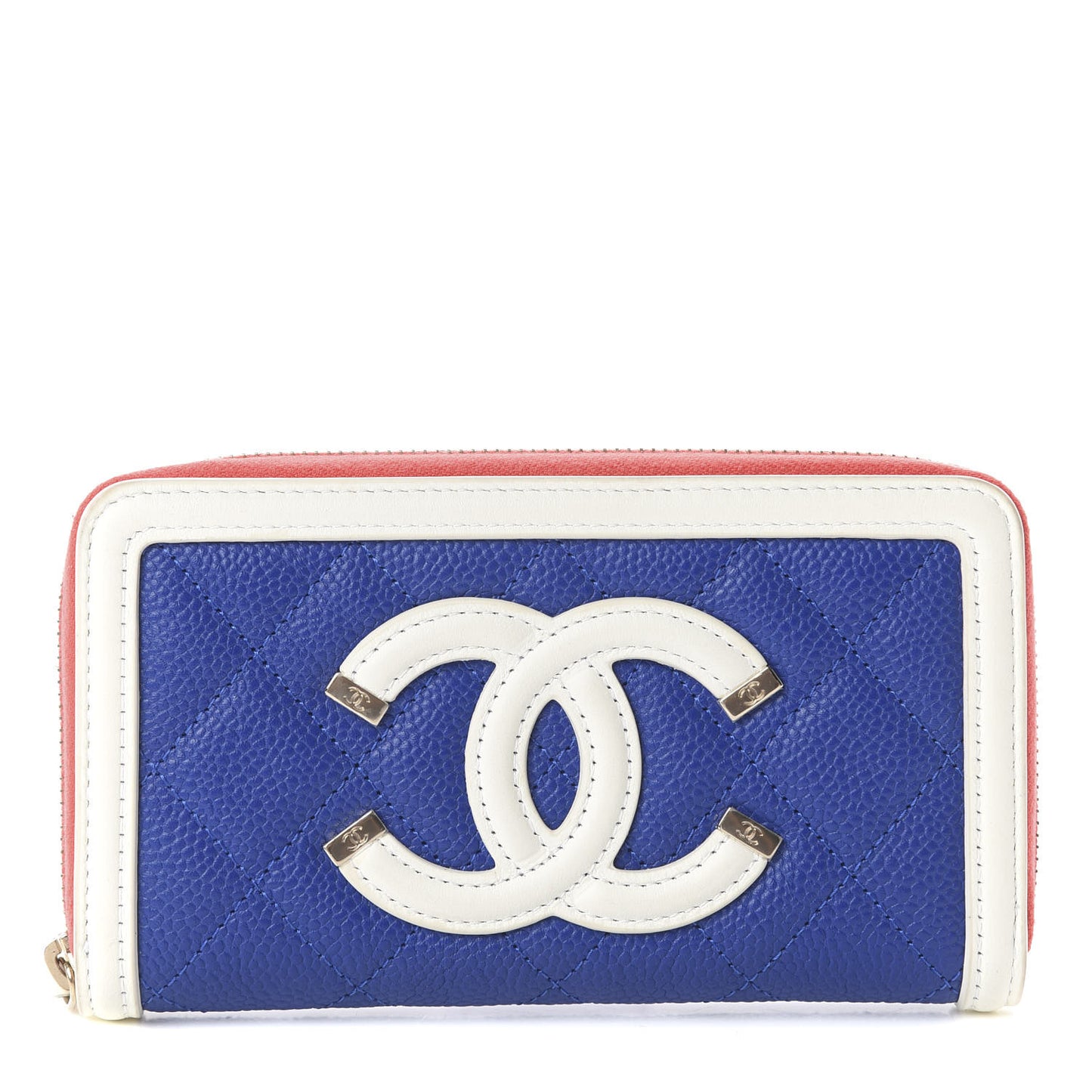 Caviar Quilted Medium Filigree Zip Around Wallet Blue White Red