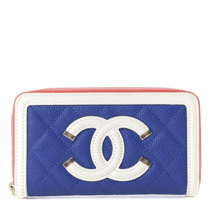 Chanel Caviar Quilted Medium Filigree Zip Around Wallet Blue White Red 1 of 8