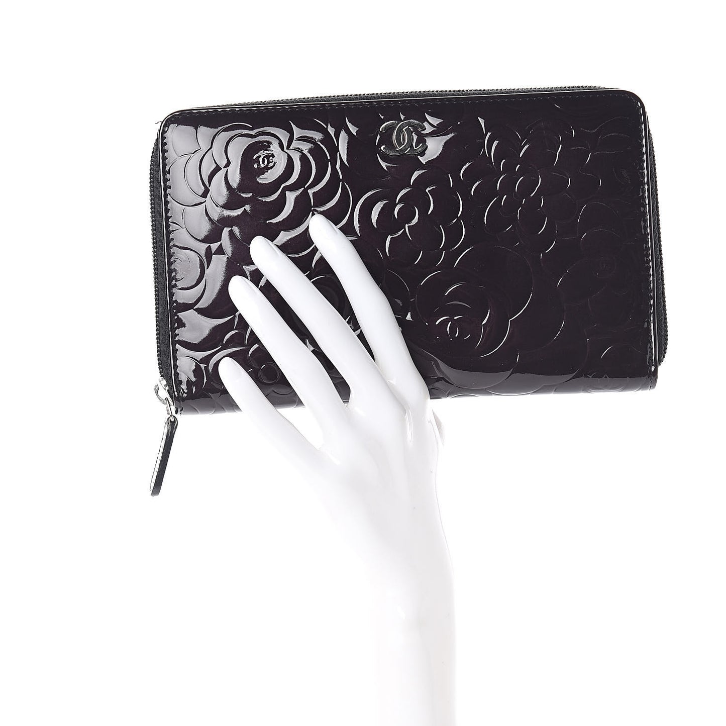 Patent Camellia Embossed Large Zip Around Gusset Wallet Black