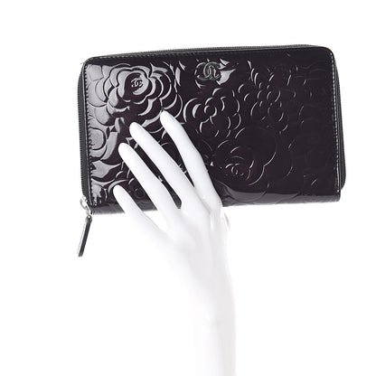 Chanel Patent Camellia Embossed Large Zip Around Gusset Wallet Black 2 of 9