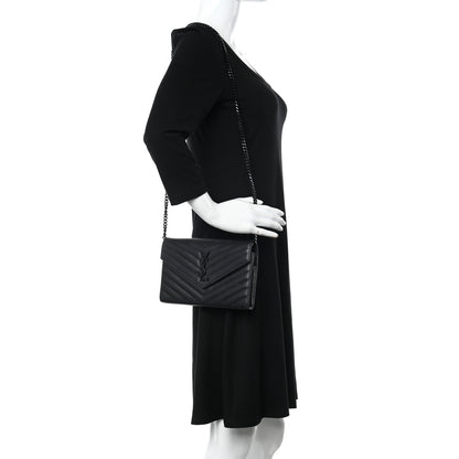 Saint Laurent Grain De Poudre Matelasse Chevron Monogram Monochrome Chain Wallet Black 3 of 13