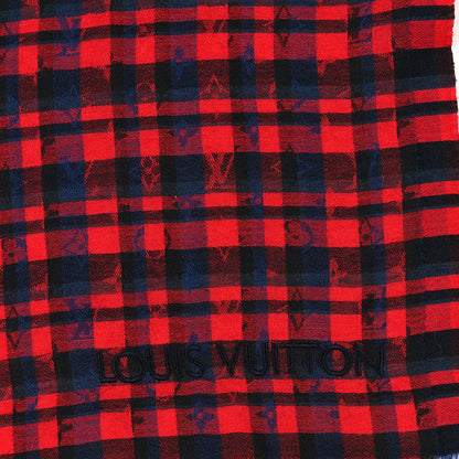 Louis Vuitton Silk Wool Monogram Fringe Stole Red Blue 3 of 4