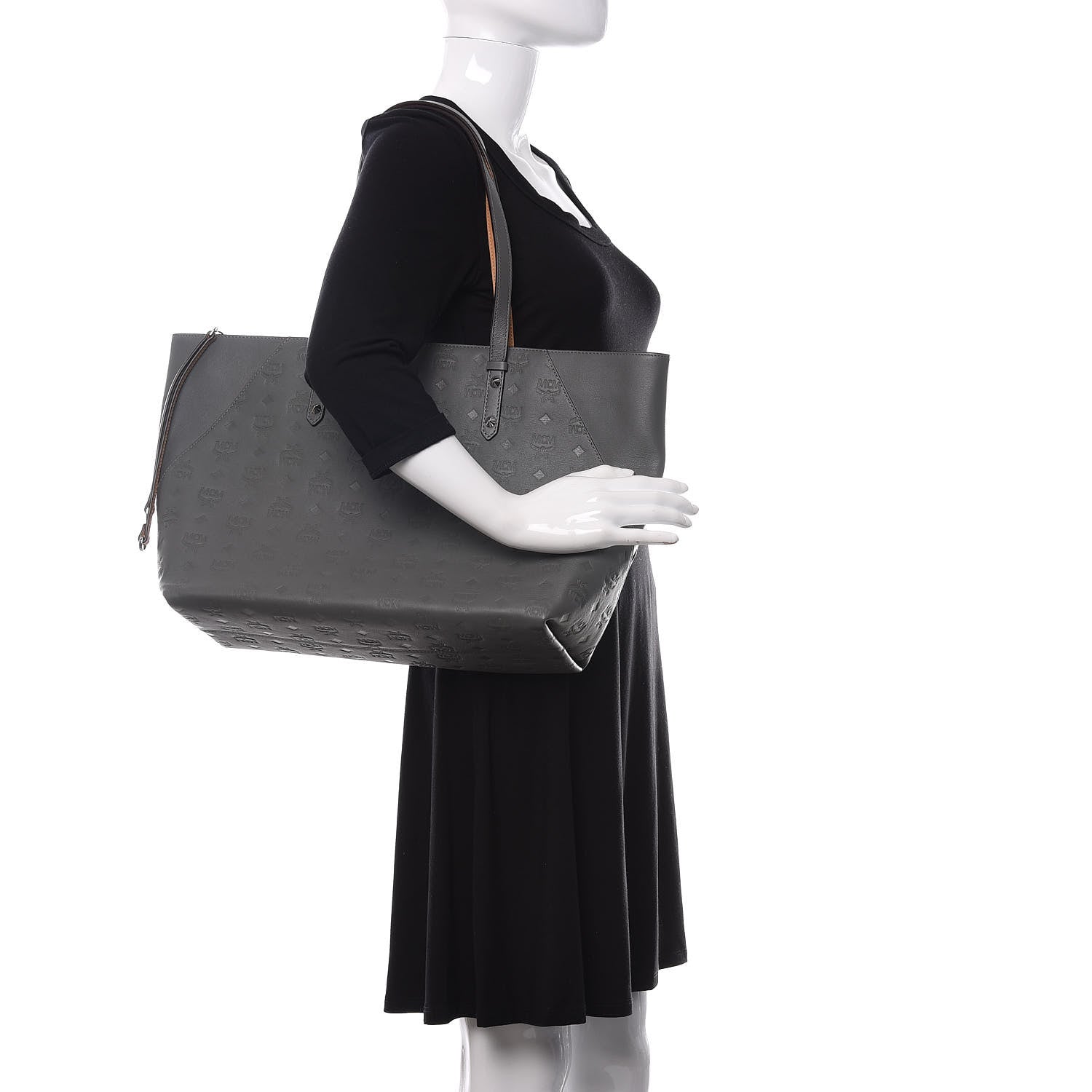 MCM Calfskin Ottomar Monogram Medium Klara Top Zip Tote Charcoal 2 of 9