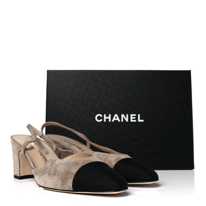 Chanel Suede Grosgrain Cap Toe CC Slingback Pumps 39.5 Beige Black 9 of 9