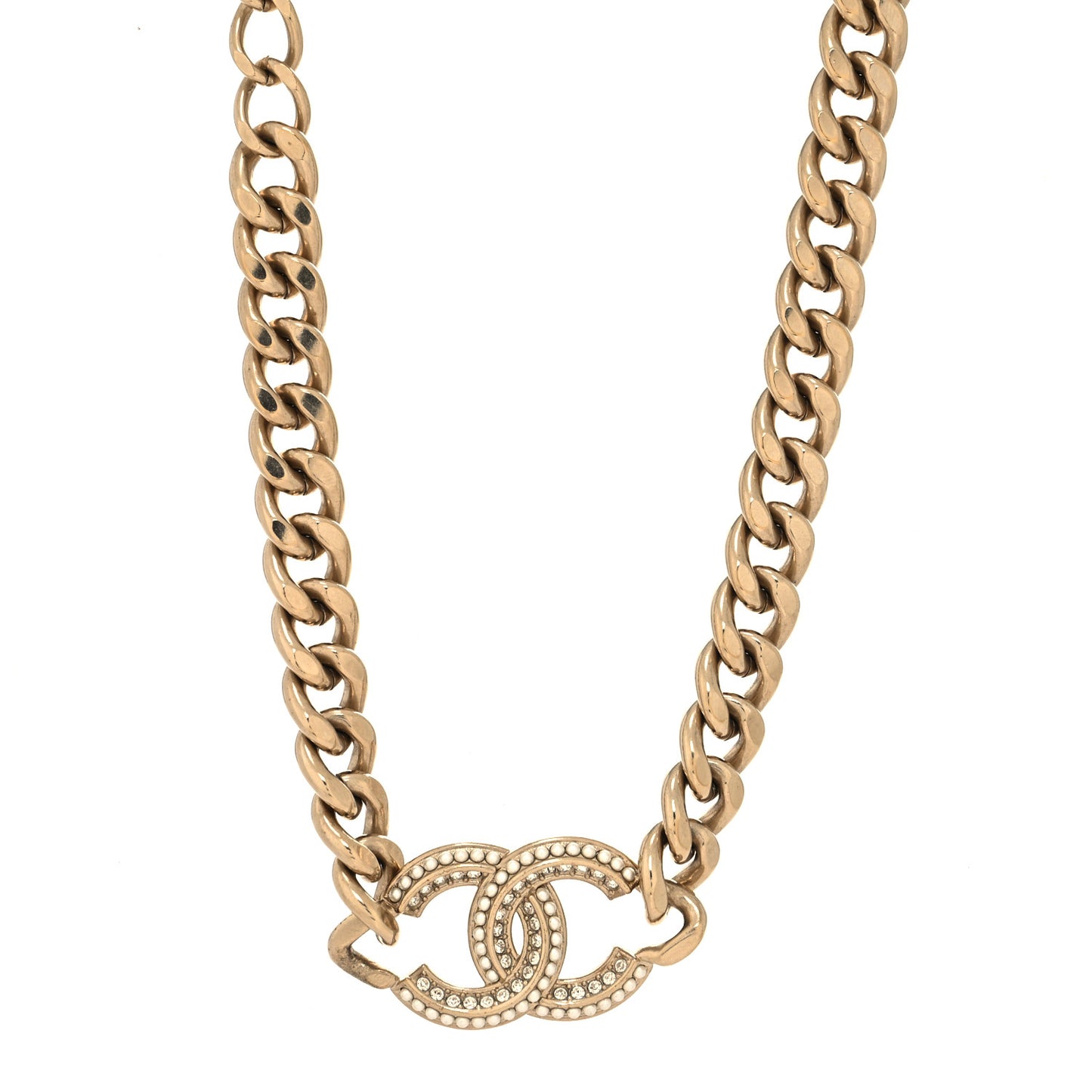 Crystal Pearl CC Chain Link Choker Necklace Gold