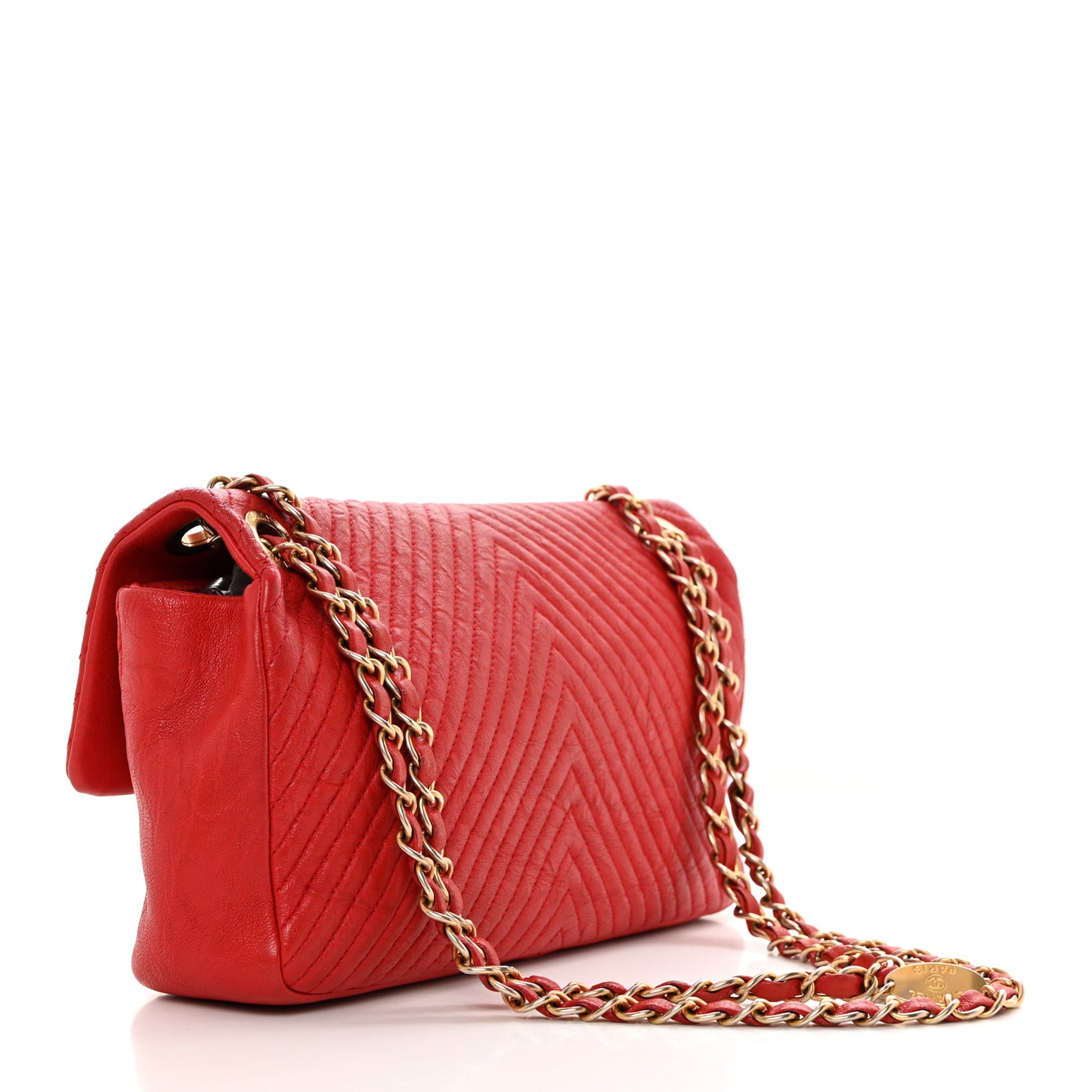 Wrinkled Lambskin Chevron Quilted Medium Flap Red