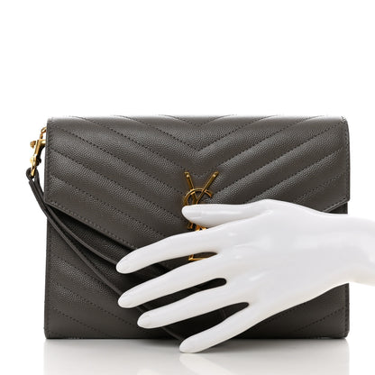 Saint Laurent Grain De Poudre Matelasse Chevron Monogram Envelope Clutch Fog 2 of 7