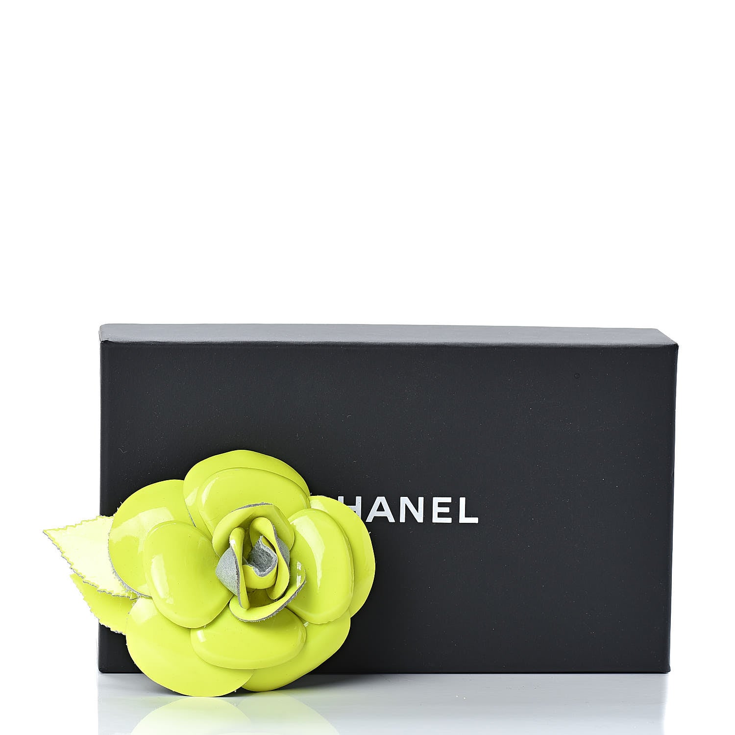 Chanel Patent Camellia Pin Brooch Neon Yellow 5 of 5