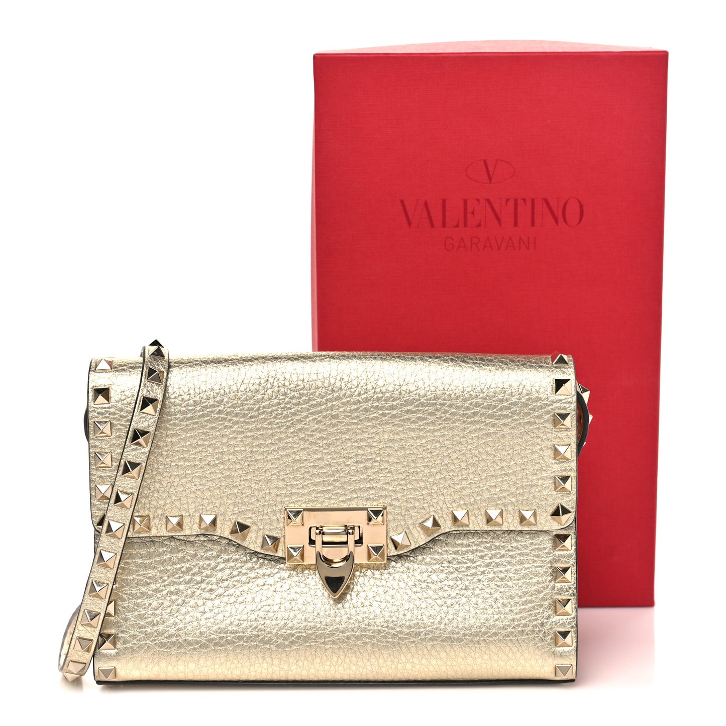 Metallic Pebbled Calfskin Medium Rockstud Flip Lock Crossbody Bag Platino