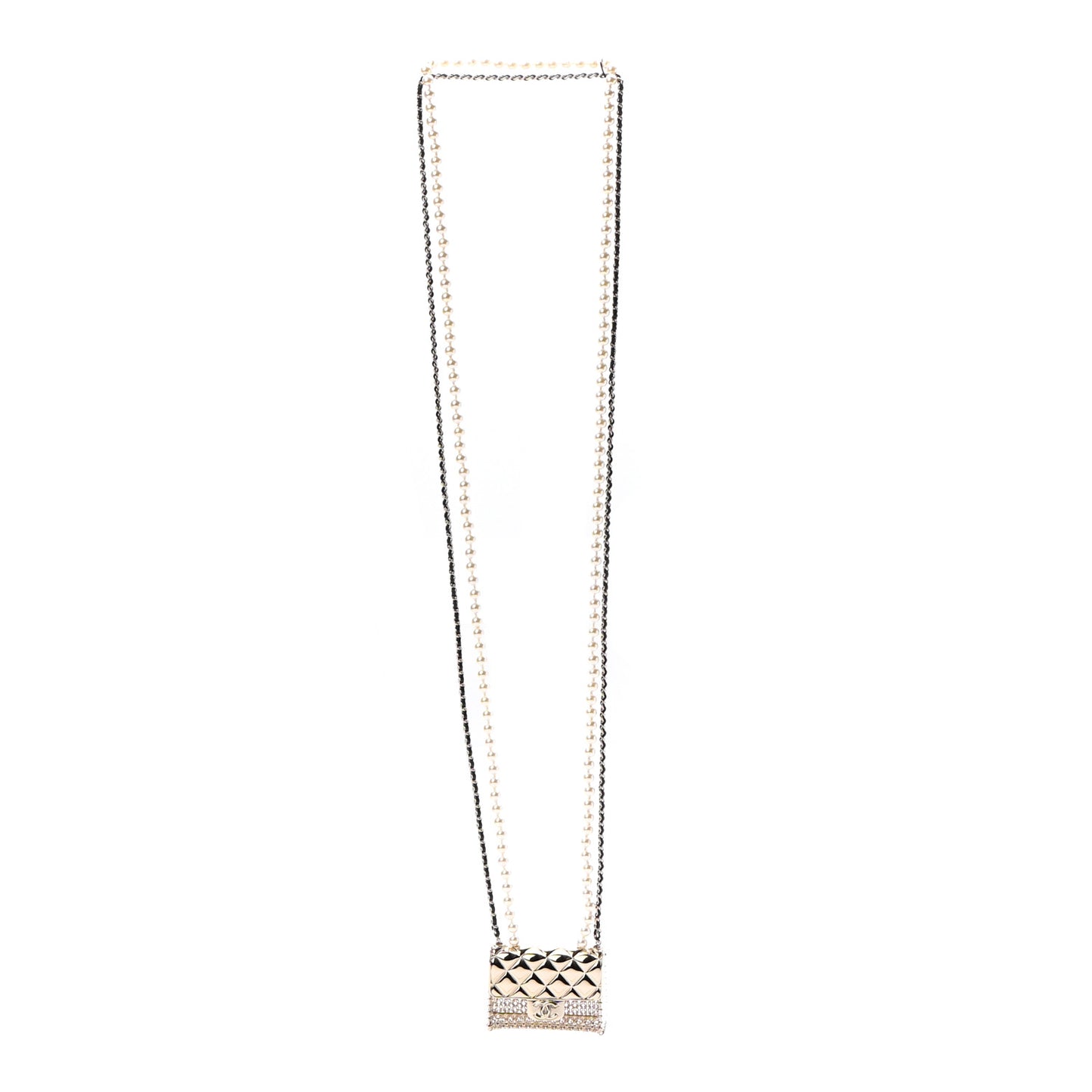 Metal Lambskin Pearl Chain Flap Bag Long Necklace Gold Black Pearly White