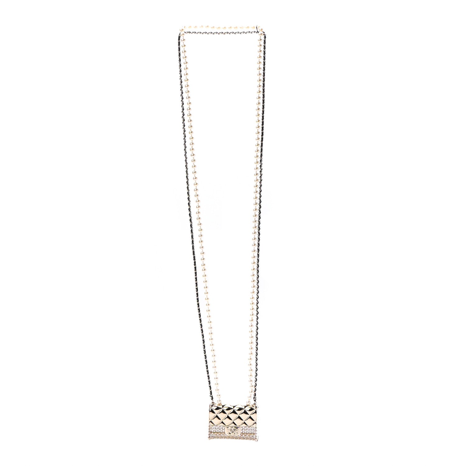 Chanel Metal Lambskin Pearl Chain Flap Bag Long Necklace Gold Black Pearly White 3 of 5