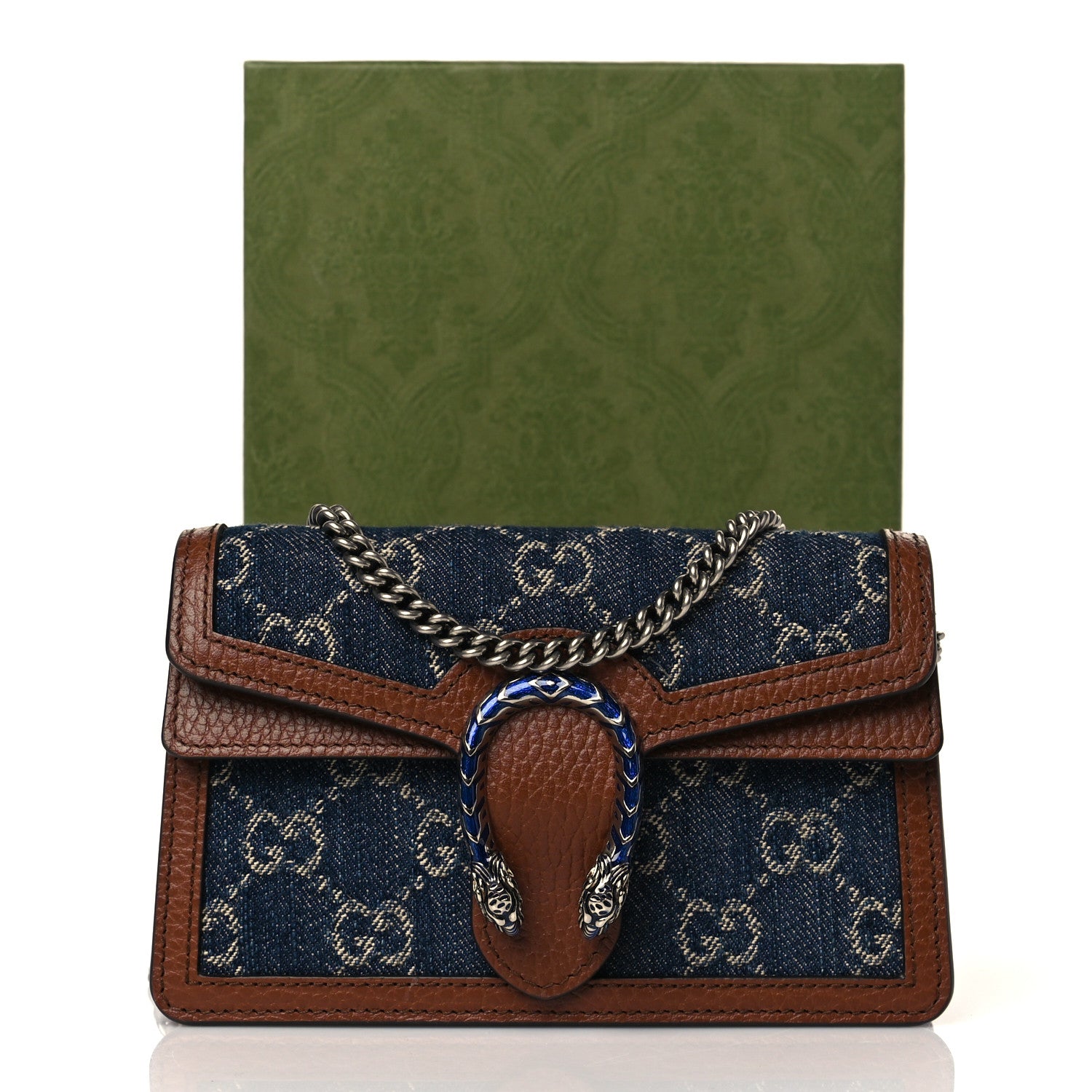Gucci New Denim GG Monogram Dollar Calfskin Enamel Super Mini Dionysus Shoulder Bag Blue Tea Cuir Epilog Electric Blue 10 of 10
