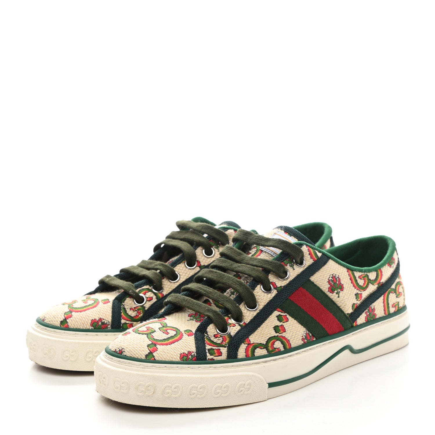 Gucci Cotton Tussah Web Gucci 100 1977 Tennis Sneakers 37 Beige Green Multicolor Vintage Green 3 of 8
