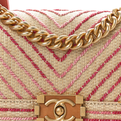 Chanel Cotton Canvas Calfskin Chevron Embroidered Small Boy Flap Beige Pink 8 of 10