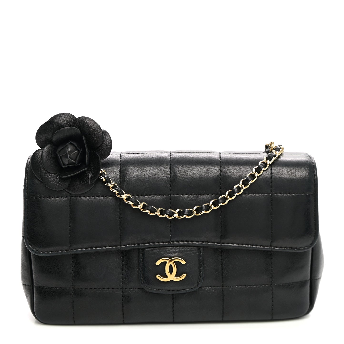 Lambskin Quilted Mini Chocolate Bar Camellia Flap Black