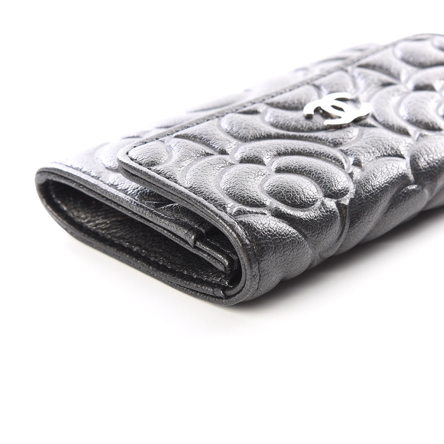 Goatskin Camellia Embossed Flap Card Holder Wallet Grey
