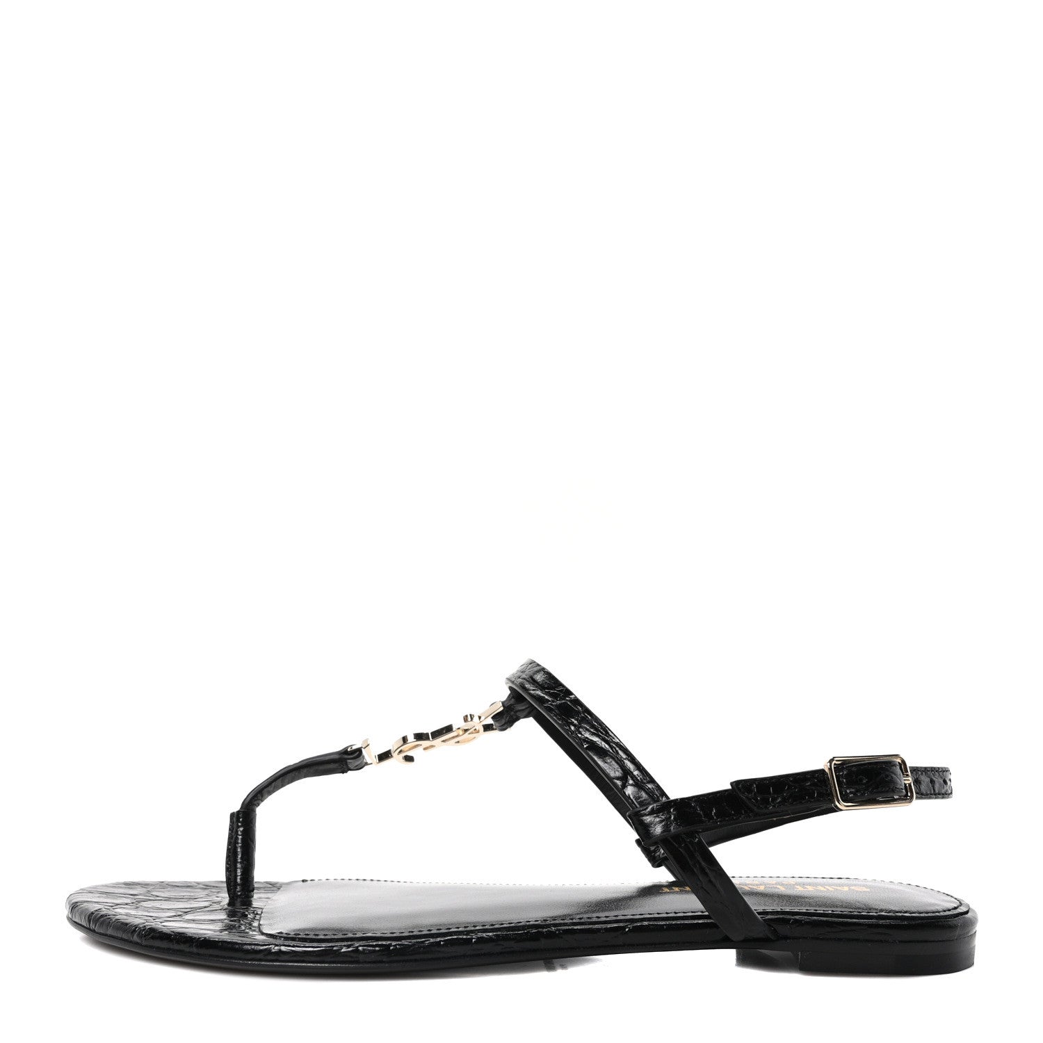 Saint Laurent Calfskin Crocodile Embossed Cassandra Monogram Sandals 35.5 Black 1 of 10