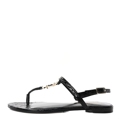 Saint Laurent Calfskin Crocodile Embossed Cassandra Monogram Sandals 35.5 Black 1 of 10