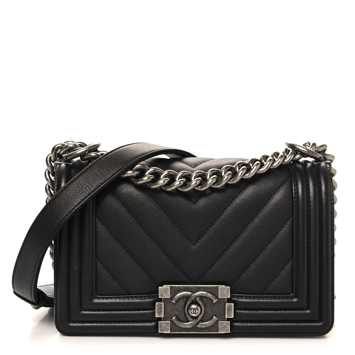 Calfskin Chevron Quilted Small Boy Flap Black