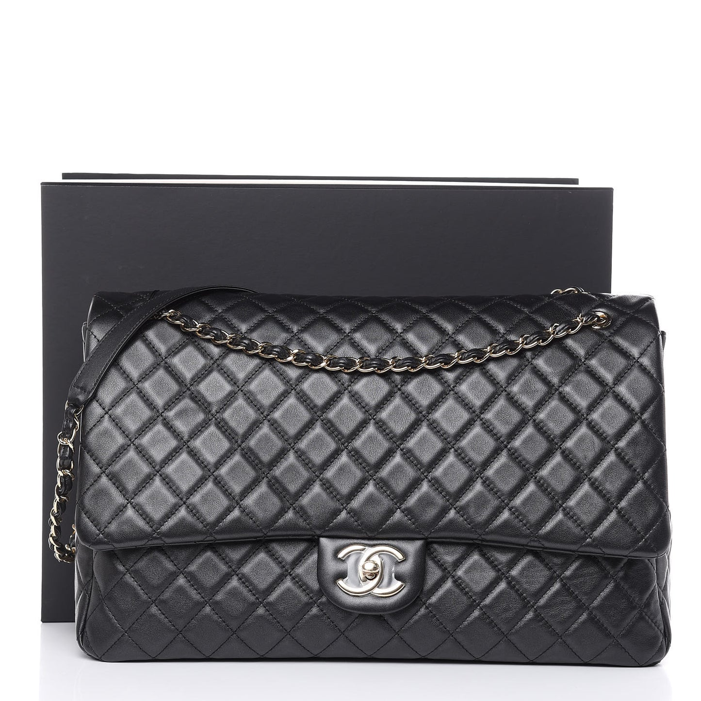 Metallized Calfskin Quilted XXL Travel Flap Bag Black