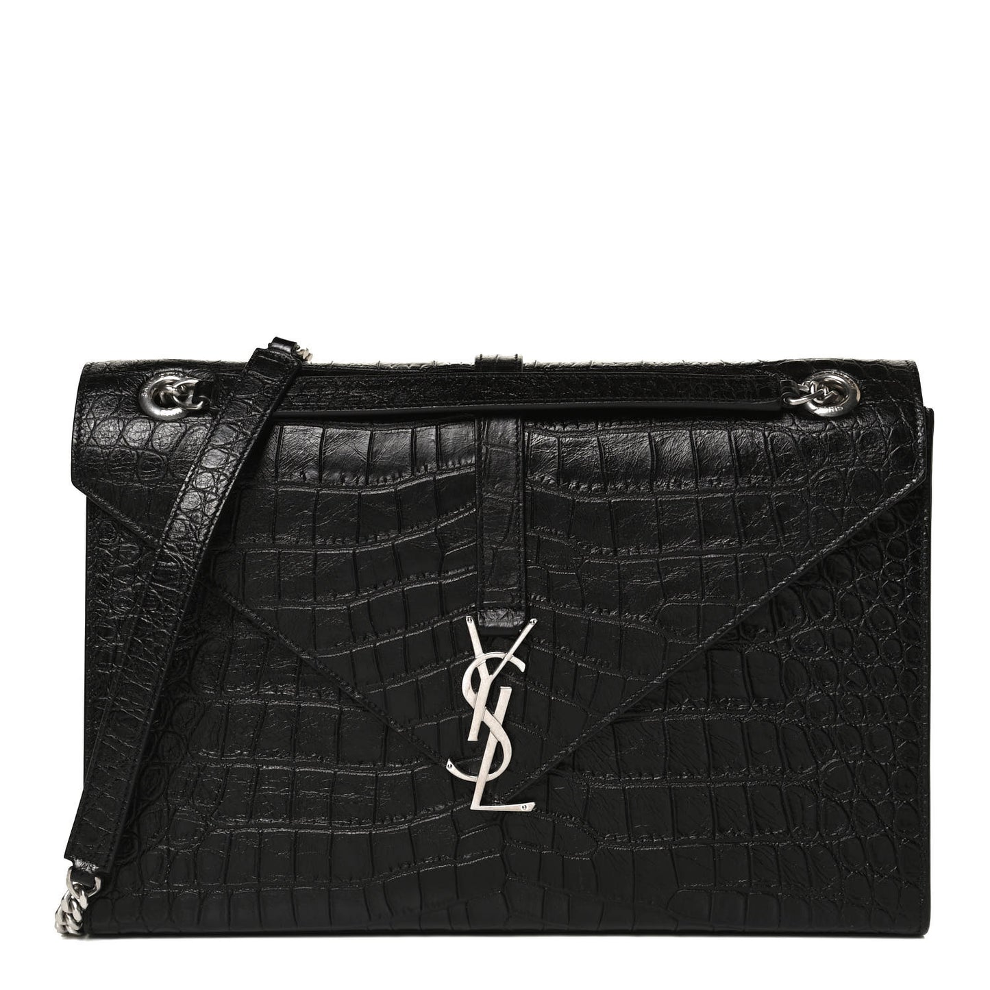 Calfskin Crocodile Embossed Monogram Large Satchel Black