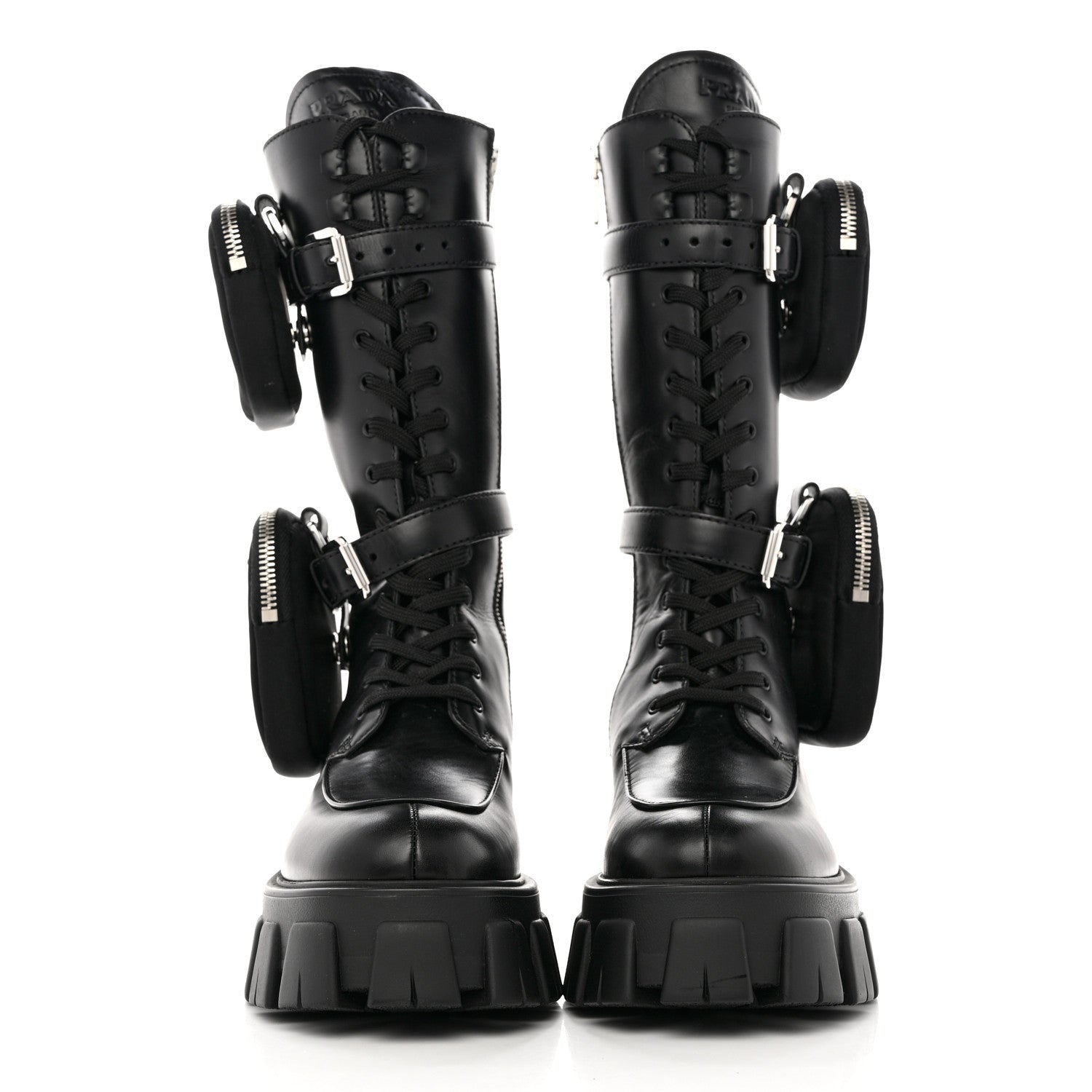 Prada Vitello Lux Nylon Metal Triangle Logo Monolith Pouch Pocket 55mm Tall Combat Boots 36 Black 2 of 11