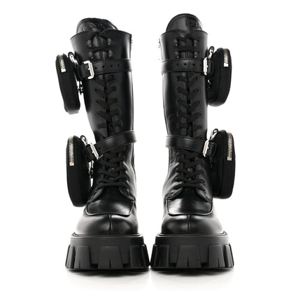Prada Vitello Lux Nylon Metal Triangle Logo Monolith Pouch Pocket 55mm Tall Combat Boots 36 Black 2 of 11