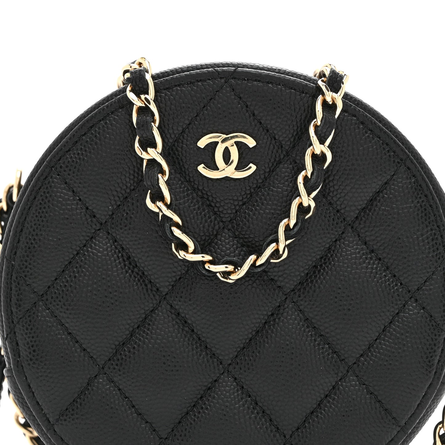 Caviar Quilted Round Clutch With Chain Black