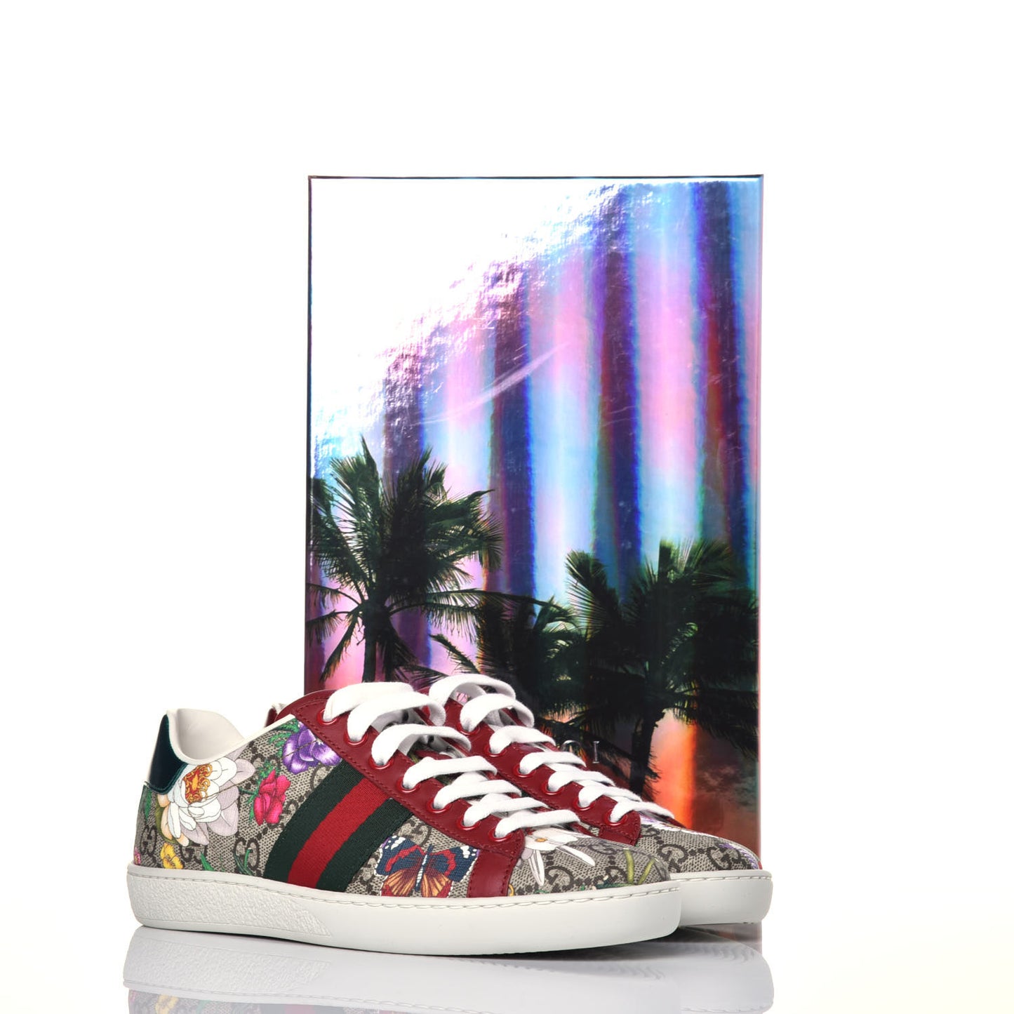GG Supreme Monogram Flora Web Womens Ace Sneakers 35 Beige Multicolor Rosso