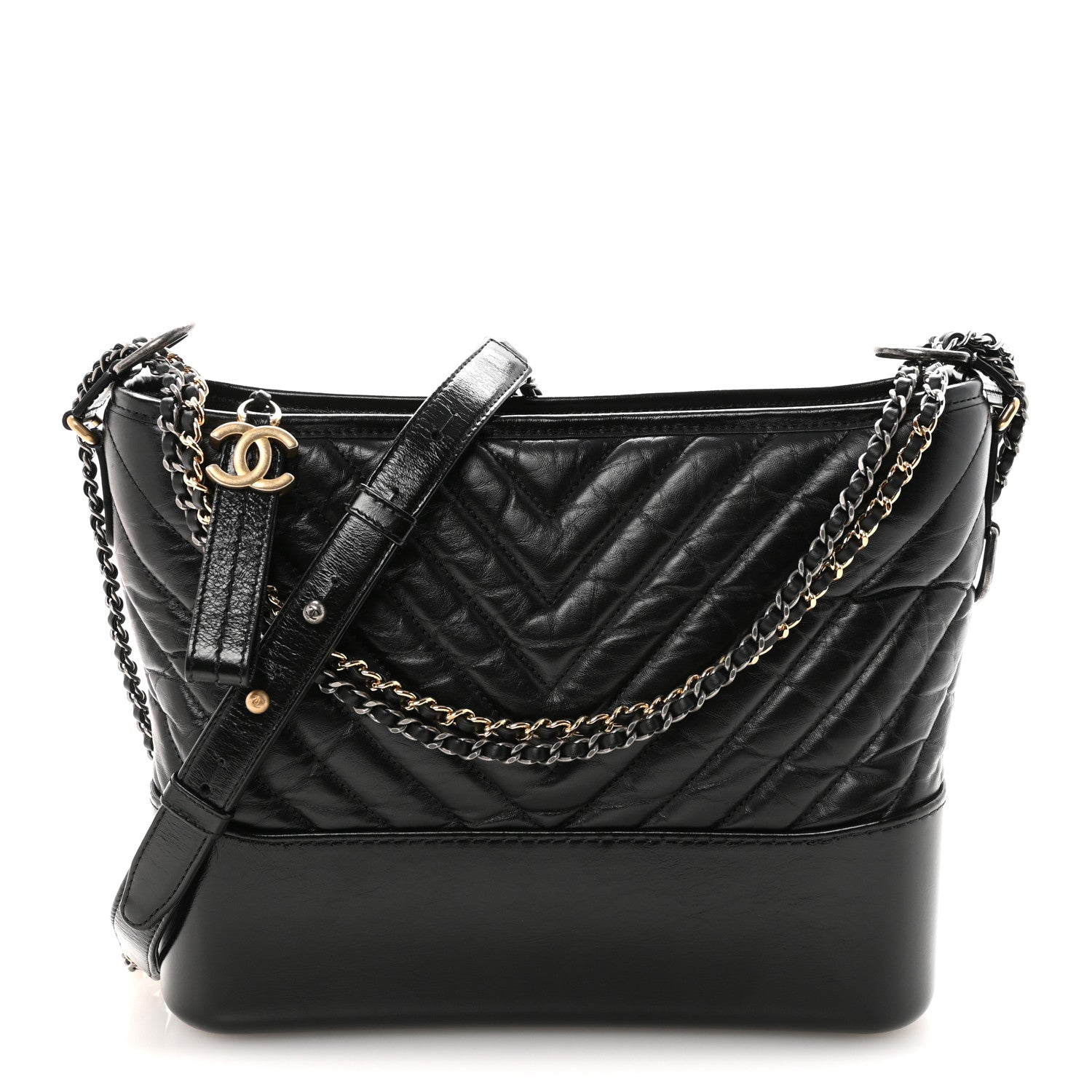 Chanel Aged Calfskin Chevron Quilted Medium Gabrielle Hobo Black 1 of 10