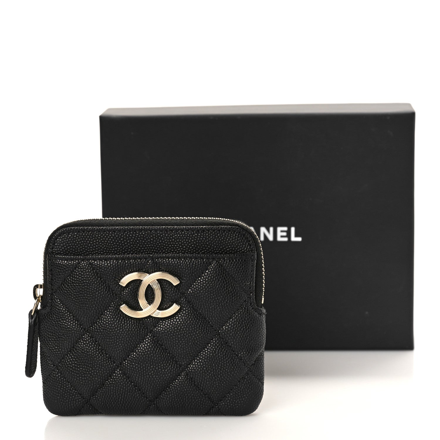 Chanel Caviar Metal Quilted Striated Zip Card Holder Wallet Black 10 of 10