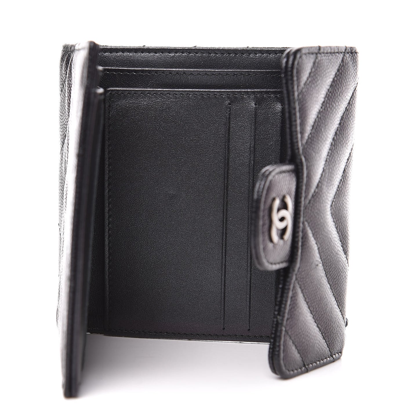 Iridescent Caviar Chevron Quilted Compact Flap Wallet Black