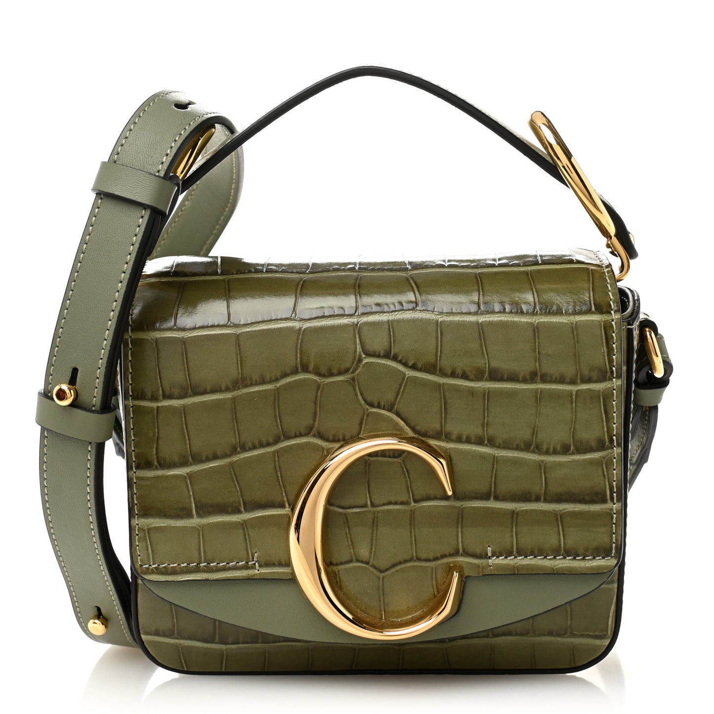 Calfskin Crocodile Embossed Mini C Double Carry Misty Forest