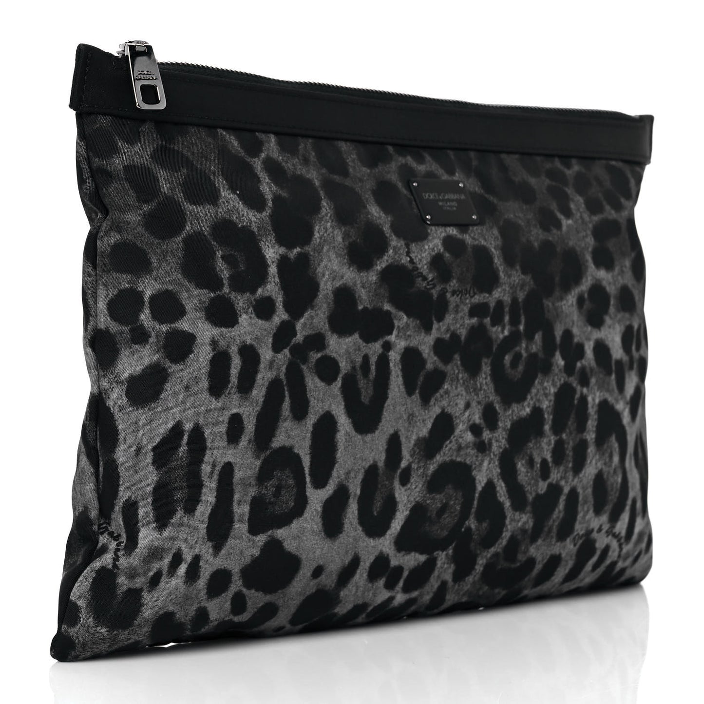 Leopard Print Family Patch Zip Clutch Bag Black