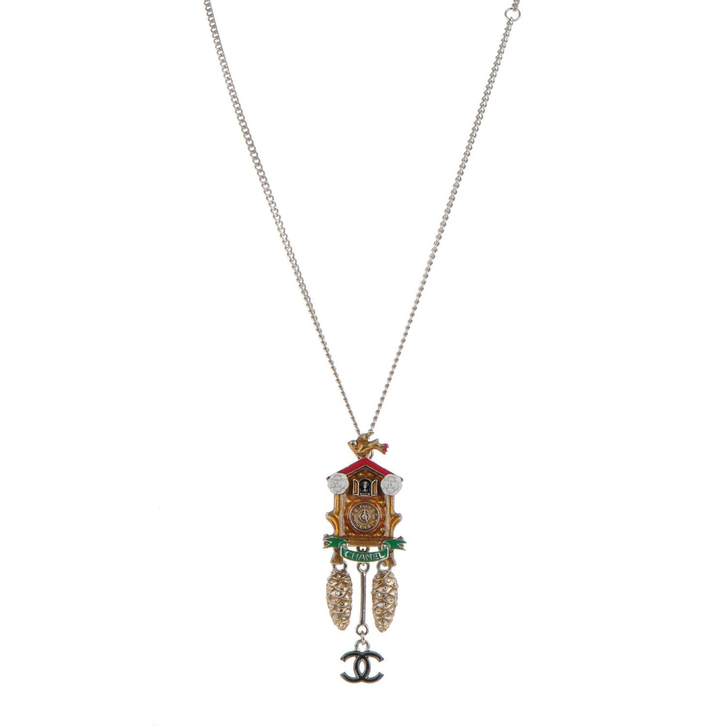 Enamel Paris Salzburg Cuckoo Clock CC Charm Necklace Silver