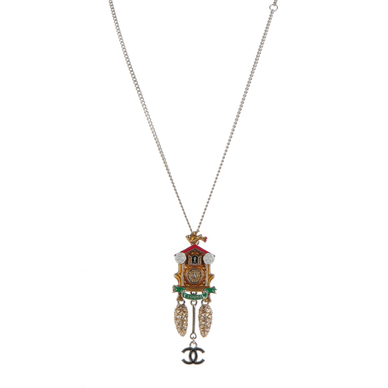 Chanel Enamel Paris Salzburg Cuckoo Clock CC Charm Necklace Silver 1 of 5