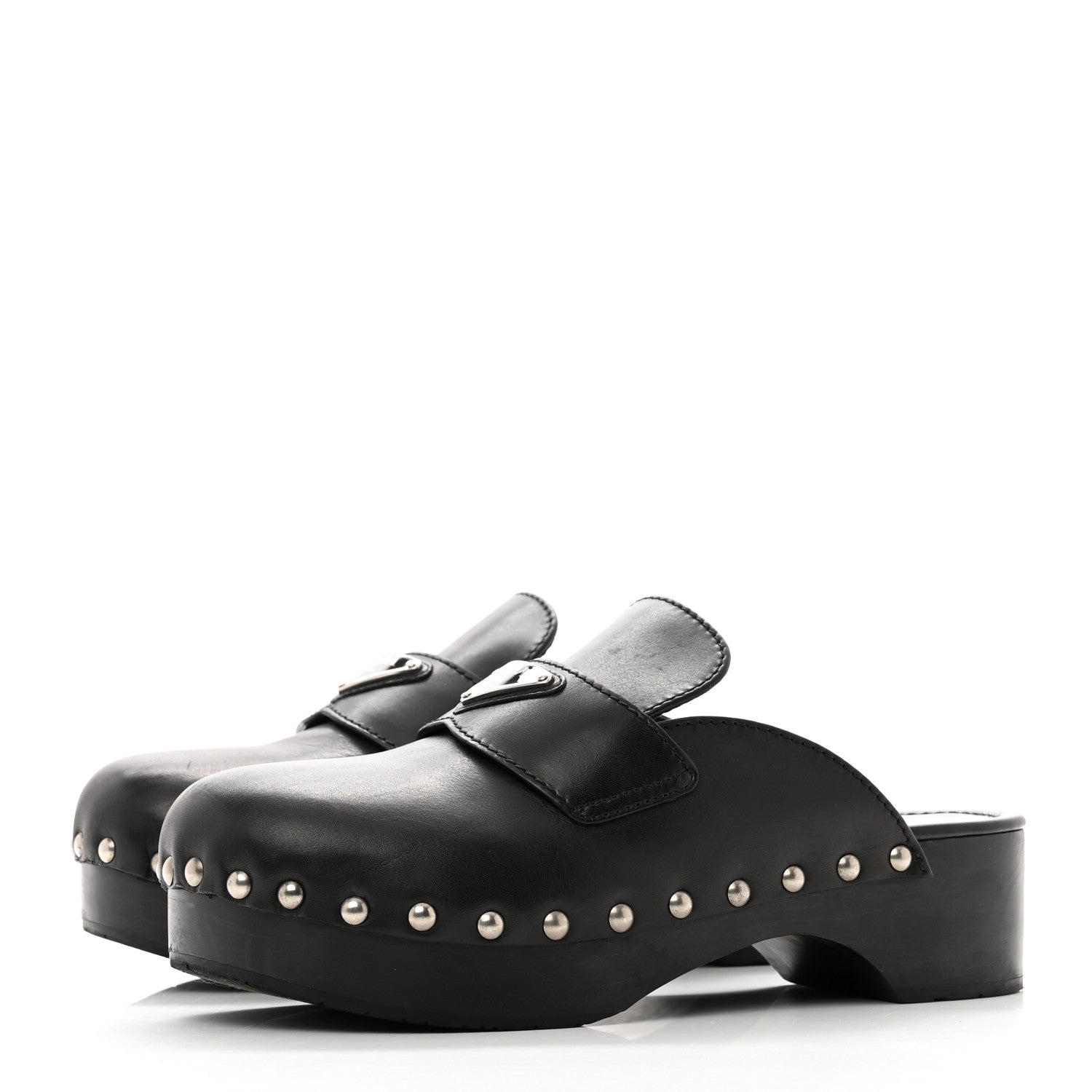 Prada Natural Calfskin Metal Triangle Logo 45mm Clogs 38 Black 3 of 12