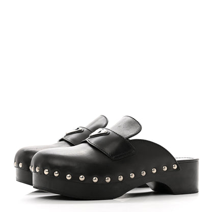 Prada Natural Calfskin Metal Triangle Logo 45mm Clogs 38 Black 3 of 12