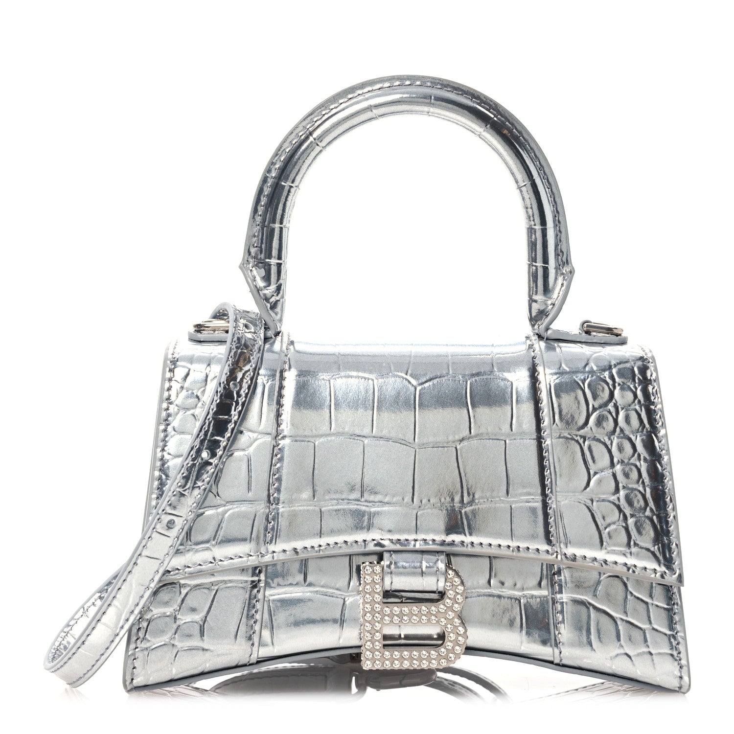 Balenciaga Metallic Calfskin Crocodile Embossed Crystal Hourglass Top Handle Bag XS Silver 1 of 14