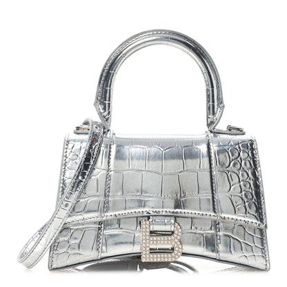 Balenciaga Metallic Calfskin Crocodile Embossed Crystal Hourglass Top Handle Bag XS Silver 1 of 14